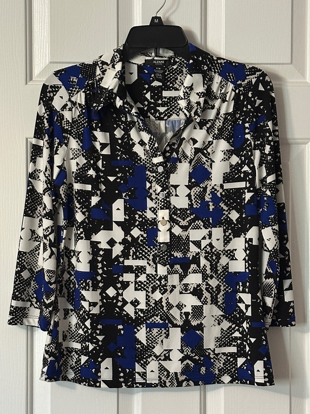 Alfani Women’s Blue Black White Geometric  Top